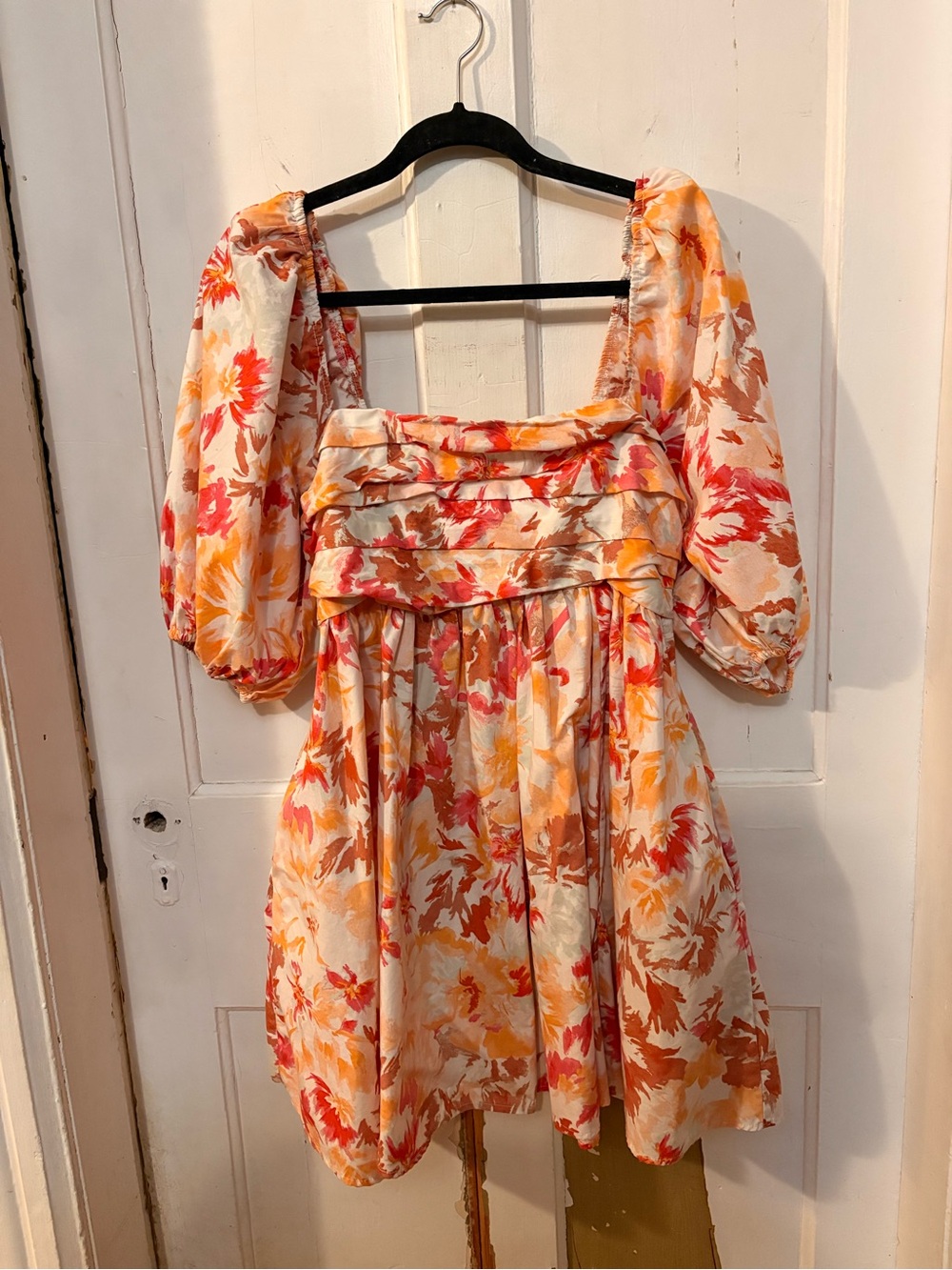 Abercrombie & Fitch Floral Puff-Sleeve Mini Dress in Cream, Orange, Red, Tan